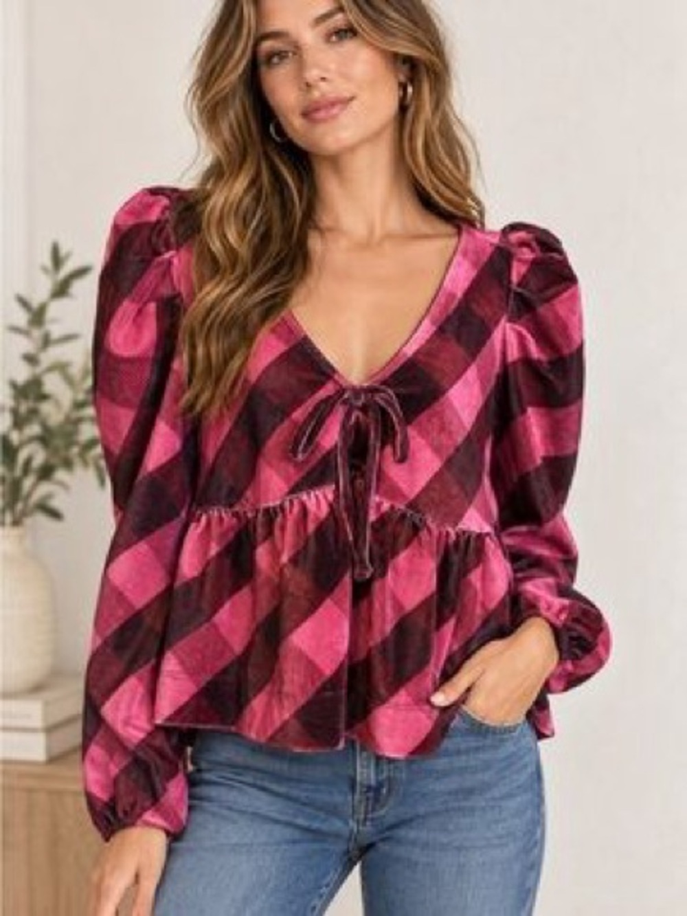 Anthropologie Maeve Velvet Babydoll Plaid Tie Front Top